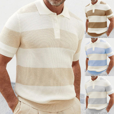 Collage of men wearing striped polo shirts in various colors.